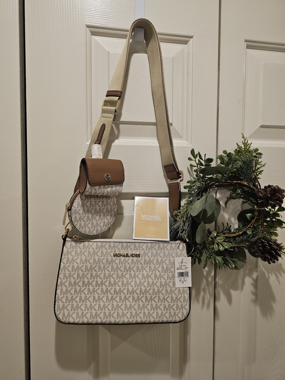 Michael Kors Beige and Brown MK Logo Crossbody with Coin Pouch